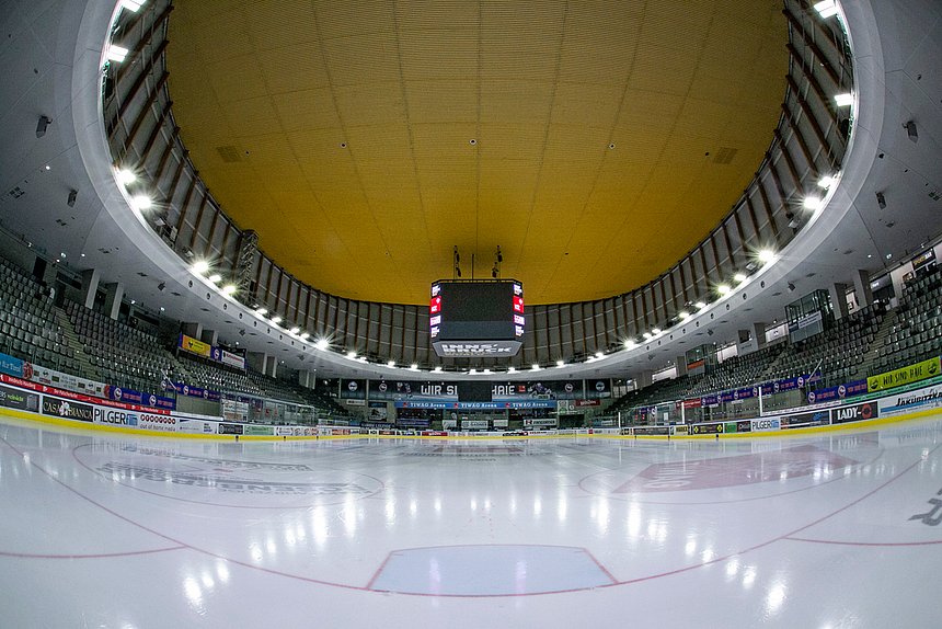 Olympiaworld Innsbruck TIWAG Arena interior view with ice surface and spectator seats