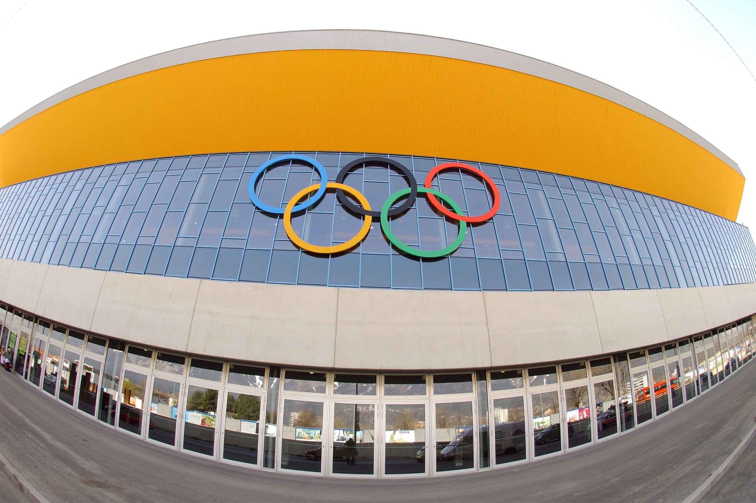 Olympiaworld Innsbruck Olampia Hall exterior view with Olympic rings