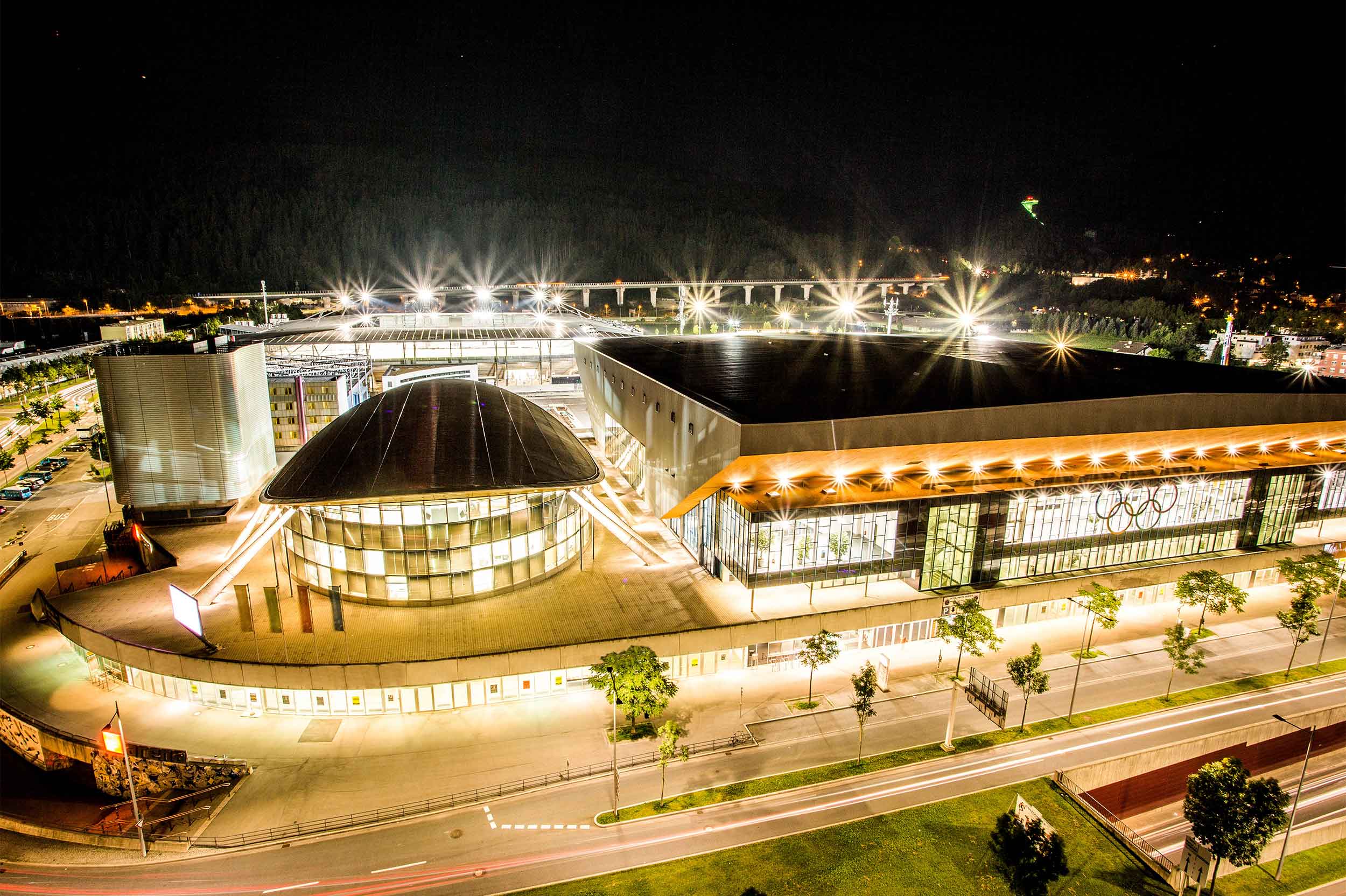 Olympiaworld Innsbruck Olampiaworld exterior view by night