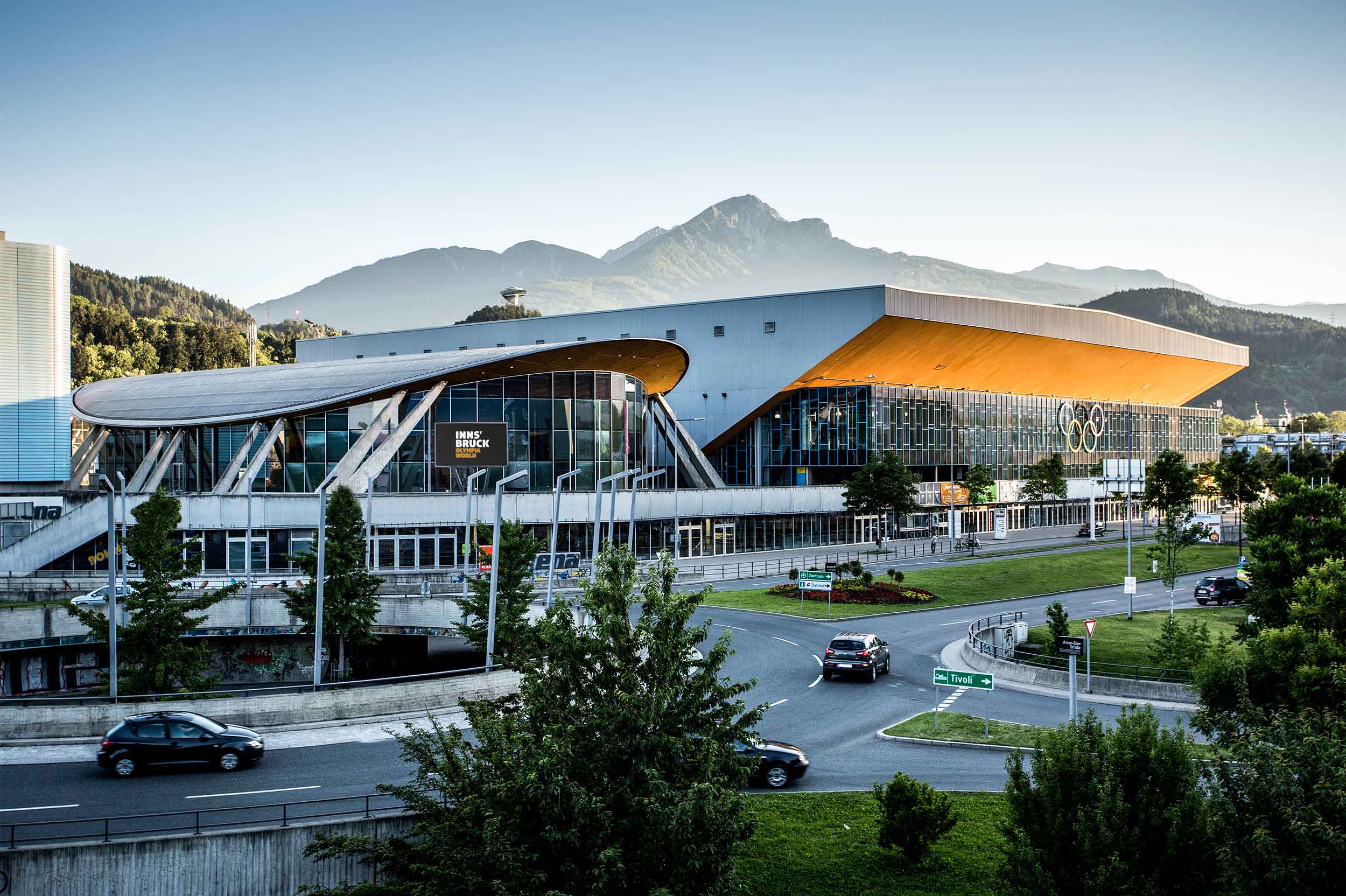 Olympiaworld Innsbruck exterior view of the Olympic Hall and the TIWAG Arena