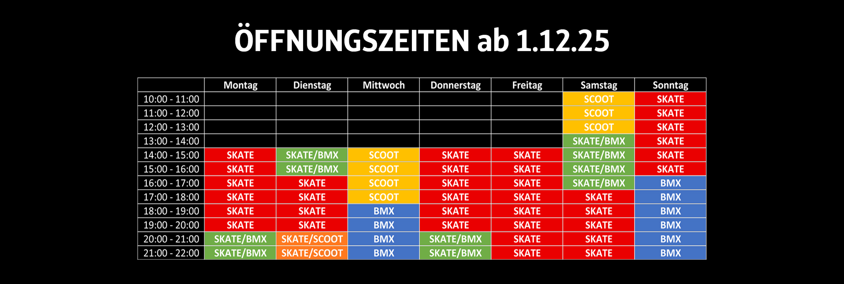 Öffnungszeiten Skatehalle