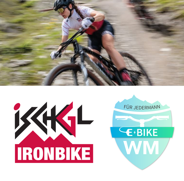 Radfahrer und Logos von Ischgl Ironbike und Jedermann-WM